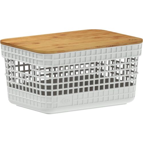 Cesto Organizador Grid Com Tampa de Bambu 8 Litros Branco Oceano