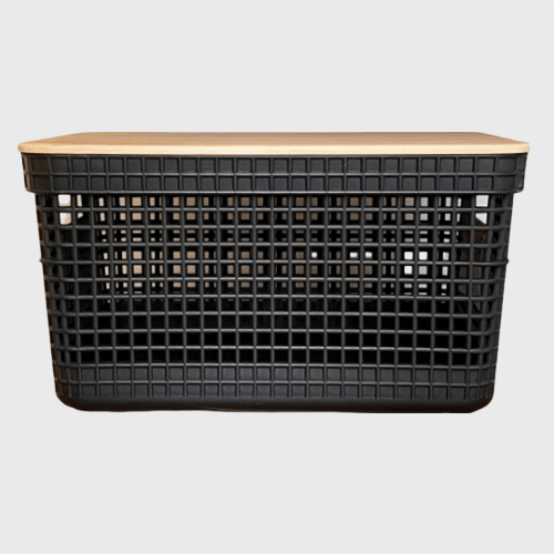 Cesto Organizador Grid Com Tampa de Bambu 8 Litros Preto