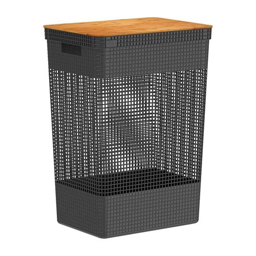 Cesto de Roupas Grid Com Tampa de Bambu 49 Litros Preto