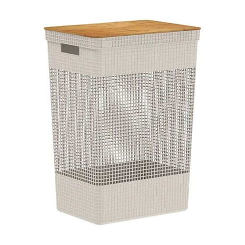 Cesto de Roupas ou 49l Com Tampa de Bambu Linha Grid - Bege