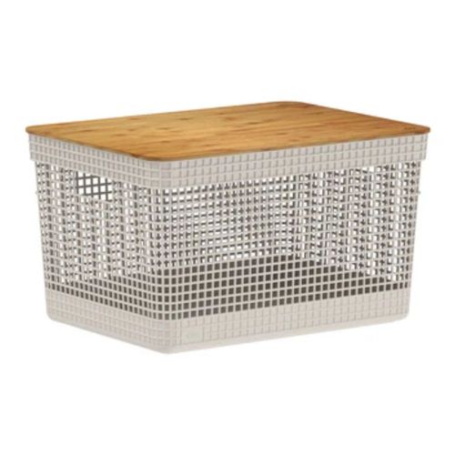 Cesto Organizador ou 20l Com Tampa de Bambu Linha Grid - Bege