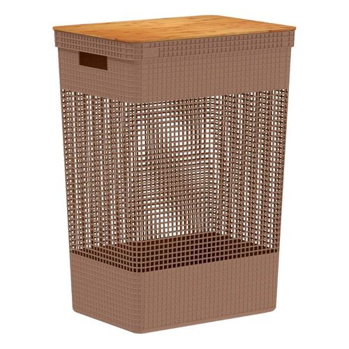 Cesto de Roupas ou 49l Com Tampa de Bambu Linha Grid - Marrom Amêndoa
